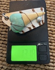 Blonde Shark Tooth Pendant Turquoise Wrapped Copper Handmade Artisan Signed