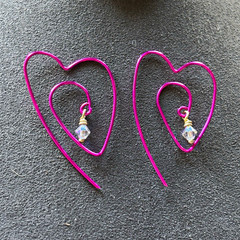 Handcrafted Pink Heart Aluminum Wire Dangle Hook Earrings with Clear Crystal