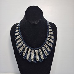 Artisan 18″ Scallop Iridescent Blue Silver Glass Seed Bead Collar Bib Necklace