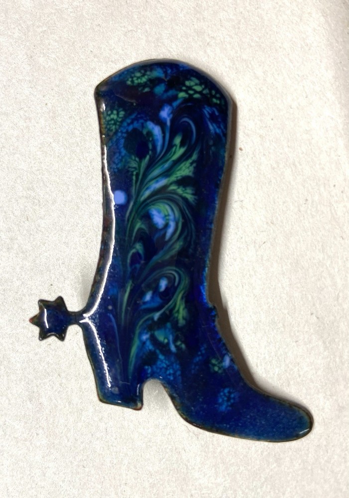 Large Cowboy Boot pin , Enamel on Copper Brooch- Blue/Green colors- Inga
