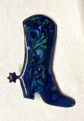Large Cowboy Boot pin , Enamel on Copper Brooch- Blue/Green colors- Inga