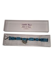 7.5″ Teal Aqua Bracelet Artisan Leather Band, Charms Handmade Hammered Z clasp