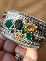 JUDITH RIPKA WIDE CUFF BRACELET STERLING &18K GREEN QUARTZ CANARY CZ CHALCEDONY