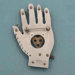 Thomas Mann Hand Brooch Vintage Techno-Romantic Mixed Metals Signed 3.25″