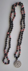 Mala 108 Beads, Flower Obsidian, Rhodonite & Onyx Hand knotted Mala Necklace