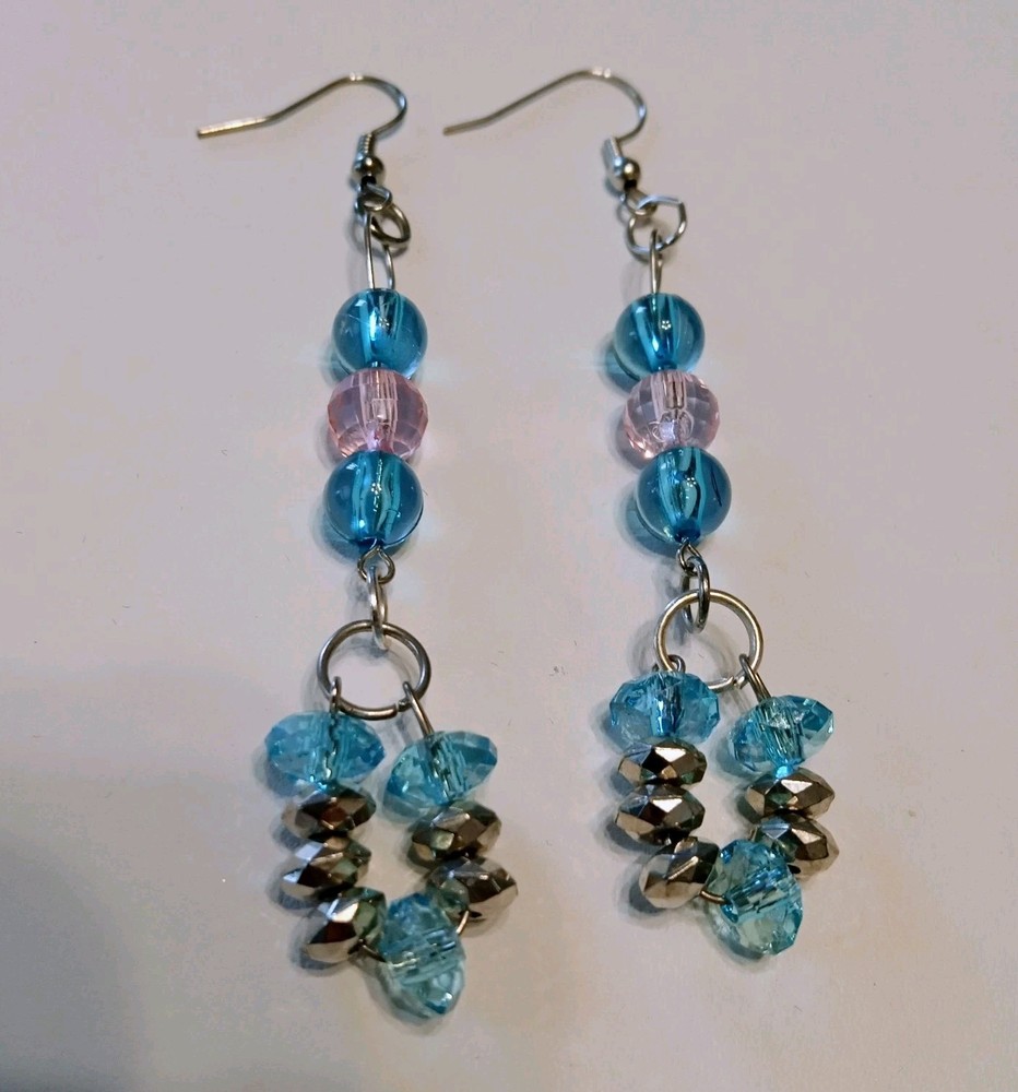 3.5″ Silver Seaside Boho Fairy Faceted Beaded Dangles Acrylic/Glass Fish Hooks