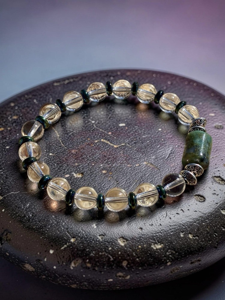 Mystic Clear Crystal Quartz Bracelet With Indian Agate And Green Hematite spacer