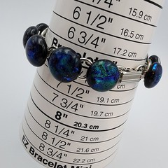 Vtg Dichroic Round Cabochon Glass Link Bracelet Blue Teal Green Silver Tone 7″
