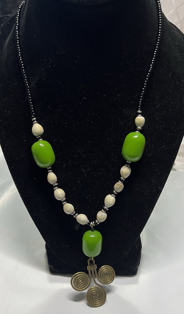 Green, Cream And Black Bead Bronze Color Medallion Pendant 22” Necklace
