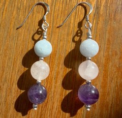 Amethyst, Rose Quartz & Aquamarine Handmade Earrings 925 Sterling Silver Hooks