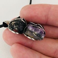 Amethyst and Black Tourmaline Wired Wrapped Crystal Pendant Black Cord Necklace