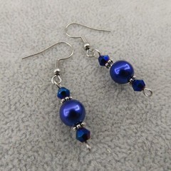 SAPPHIRE BLUE Dangle Earrings Czech Glass Pearl Bead Crystal Silver Tone Gift