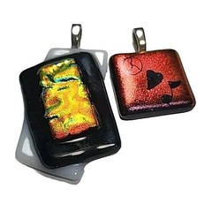 Fused Dichroic Black Vibrant Yellow & Red Art Glass Assymetrical Pendant Lot Of2