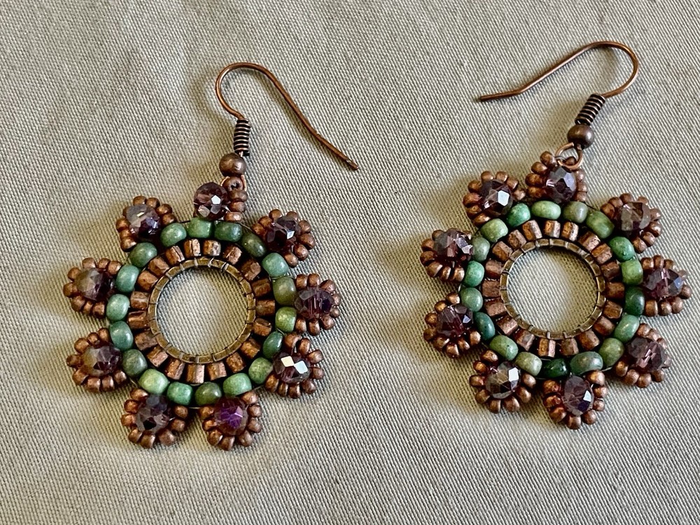 HANDMADE BEADED FLOWER EARRINGS Copper Hex Green Beads Purple Crystal