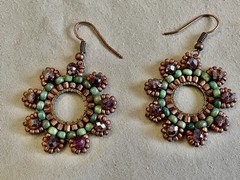 HANDMADE BEADED FLOWER EARRINGS Copper Hex Green Beads Purple Crystal