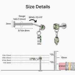 16G 8mm Titanium Push Pin Earrings with Moss Agate Stone – Helix, Conch, Tragus