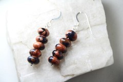 Goldstone 8mm Roundel Gemstone Earrings .925 Sterling Silver Orange Black 1 3/8″