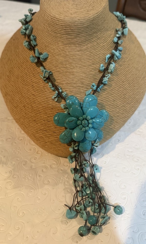 Handmade Turquoise Stone Flower Statement Necklace Boho Choker Cascade Fringe