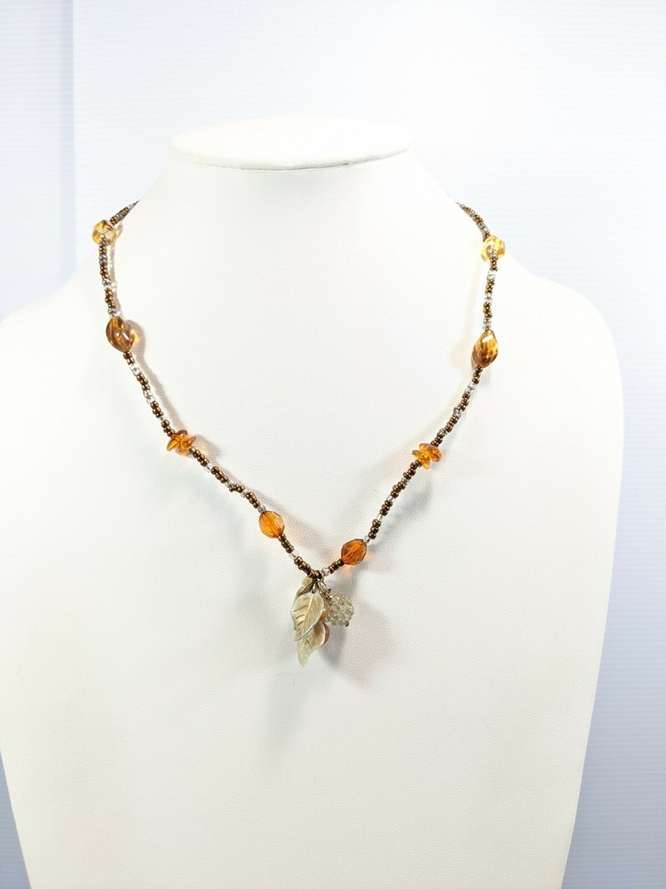 Artisan Silver Tone Brown Amber Color Glass Bead Leaf Pendant 20.5 Inch Necklace