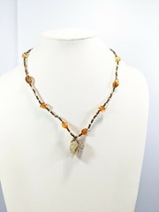Artisan Silver Tone Brown Amber Color Glass Bead Leaf Pendant 20.5 Inch Necklace