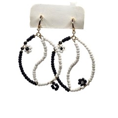Pierced Earrings Black White Seed Beads Floral Motif Dangle Drop Statement