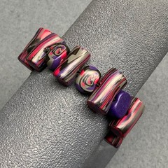 Polymer Clay Stretch Bracelet 7 In Beaded Purple Red Black Gray Swirl Handmade