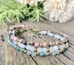 Tiny Gemstone Beaded Bracelet Pink Rhodonite, Bronze Chain