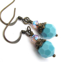 Turquoise Crystal Earrings Antiqued Brass Boho Chic Dainty Romancecore Cosplay