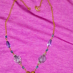 Gold Tone Cable Chain Necklace Faceted Purple Glass Teardrop Pendant Drop