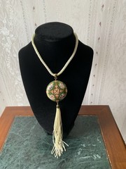 New Cloisonné Floral Round Charm Pendant Necklace with Braided Cord, Green Pink