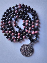 Mala 108 Beads, Flower Obsidian, Rhodonite & Onyx Hand knotted Mala Necklace
