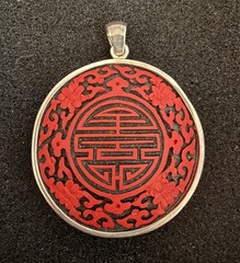 VINTAGE LARGE CINNABAR REVERSIBLE PENDANT W STERLING BEZEL 2”