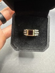 Designer Vintage 925 Sterling 14K Gold Red Garnet Stone Ring Size 5 B3C