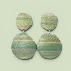 Polymer Clay Large Dangle Earrings Green Gold Bronze Stripe Handmade SS Posts