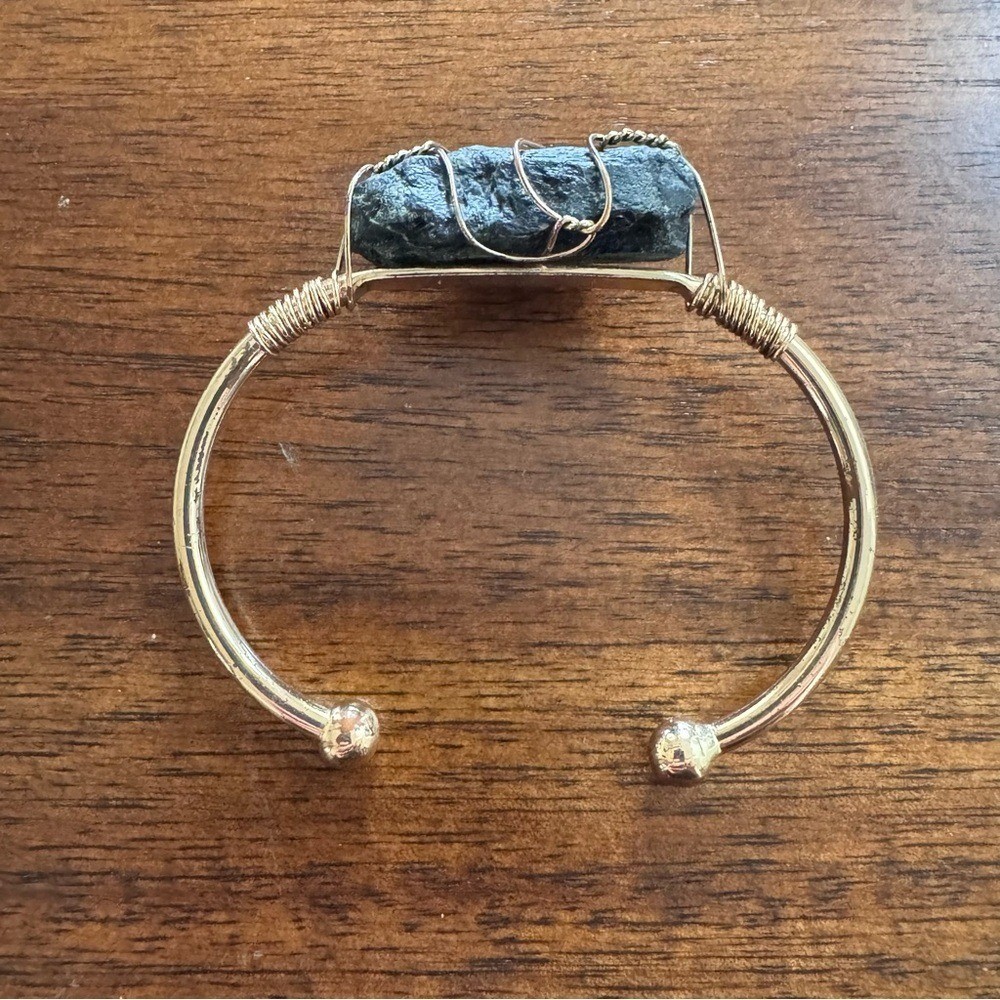 Artisan Raw Black Tourmaline Wire Wrapped Cuff Bracelet Gold Tone Metal Band