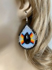 Handcrafted beaded Black Gray ethnic teardrop hook earrings