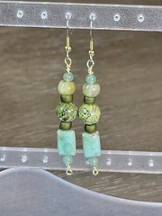 Handmade Green Jasper, Serpentine, Ceramic, Glass Beaded Earrings 1 Pair Pierced