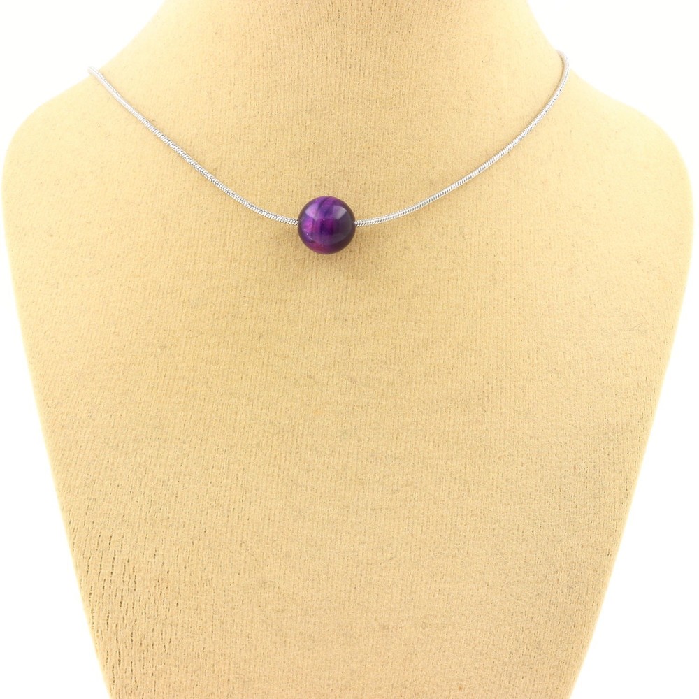 Necklace 1 Tiger Eye Pearl Purple 8 Mm. Stainless Steel Chain. Necklace