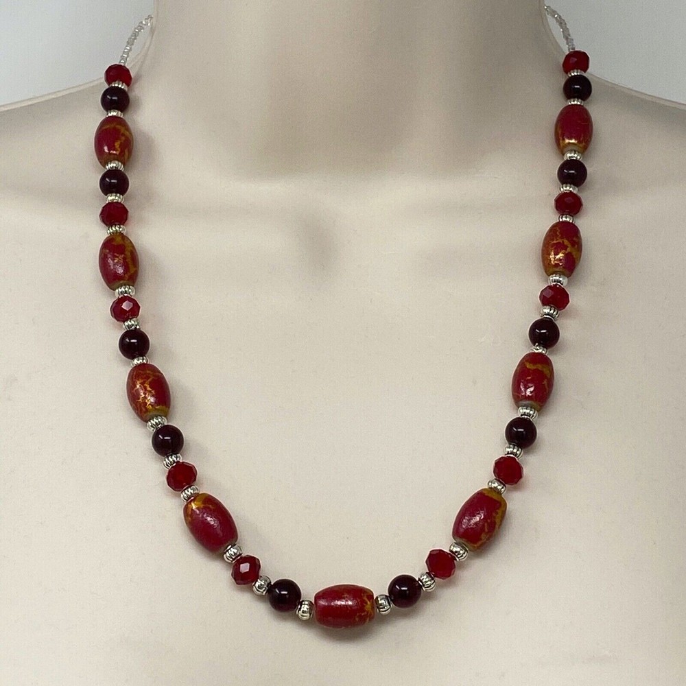 Handmade Beaded Necklace Tones of Red and Gold Glass Beads and Silver Tone Metal