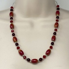 Handmade Beaded Necklace Tones of Red and Gold Glass Beads and Silver Tone Metal