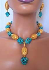 Turquoise Nugget Gold Filigree Beaded Statement Necklace Earring Set 181 Grams