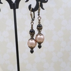 Handmade Champagne and Black Faux Pearl Victorian Style Filigree Drop Earrings