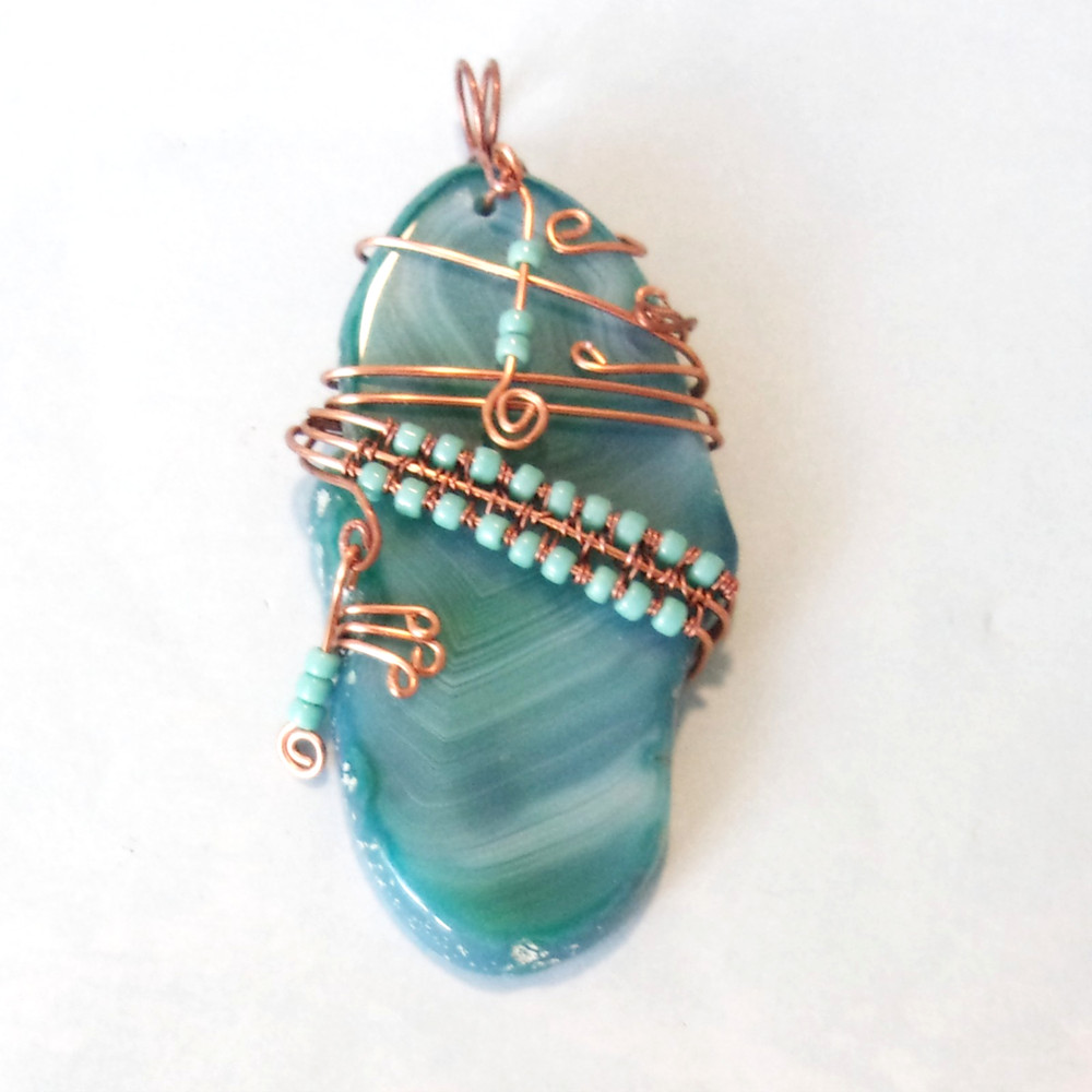 Pendant wire wrapped large aqua banded agate by Pat2