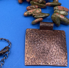 NECKLACE Artisan made vintage copper pendant Unakite stones coppertone beads