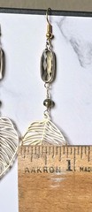 New Artisan Smoky Gray Glass Bead Bezel & Gold Tone Leaf Earrings 3×1″