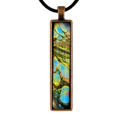 Pendant Necklace Handmade «Into The Ocean» Long Copper Bezel Glass Black Cord