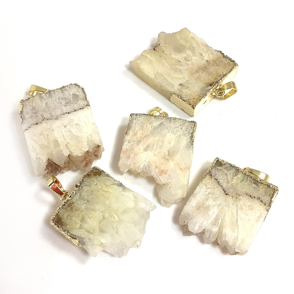 White Rough Druzy Agate Pendant Natural Gemstone Cream Gradient Rectangle Ice