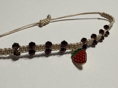 Handmade Adjustable Beaded Braided Bracelet, Strawberry Charm, Tie, Purple Beig…