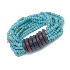 WOMEN’S BALI BRACELET Turquoise 10-Strand 2-3mm Glass Beads Elastic 6.5-7.5 inch