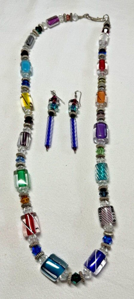 Beautiful Artist Made Lampwork Fused Glass Beaded Necklace and Earrings 30″ EUC